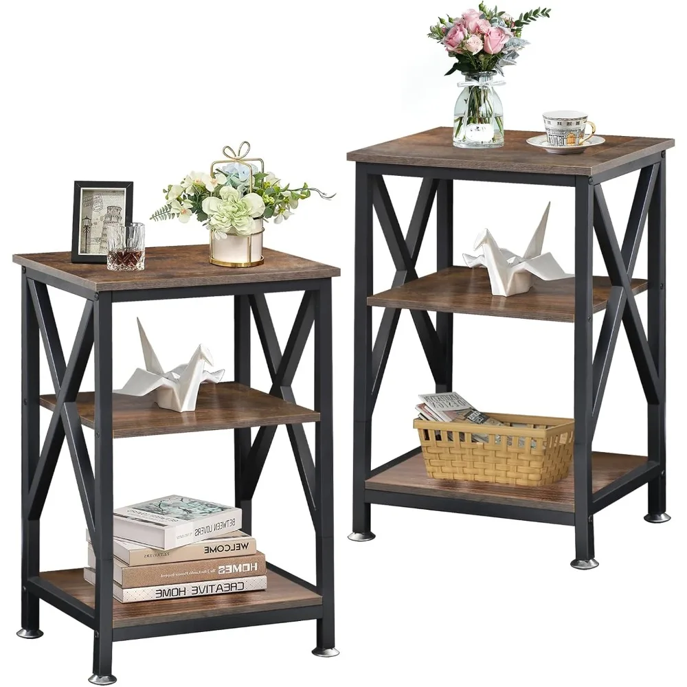 طاولات نهائية لغرفة المعيشة مكونة من 2 مزرعة، طاولة جانبية مع رف تخزين، 16 بوصة عرض × 12 بوصة عمق × 24 بوصة ارتفاع، مجموعة طاولة جانبية من 3 طبقات مكونة من 2، X-S