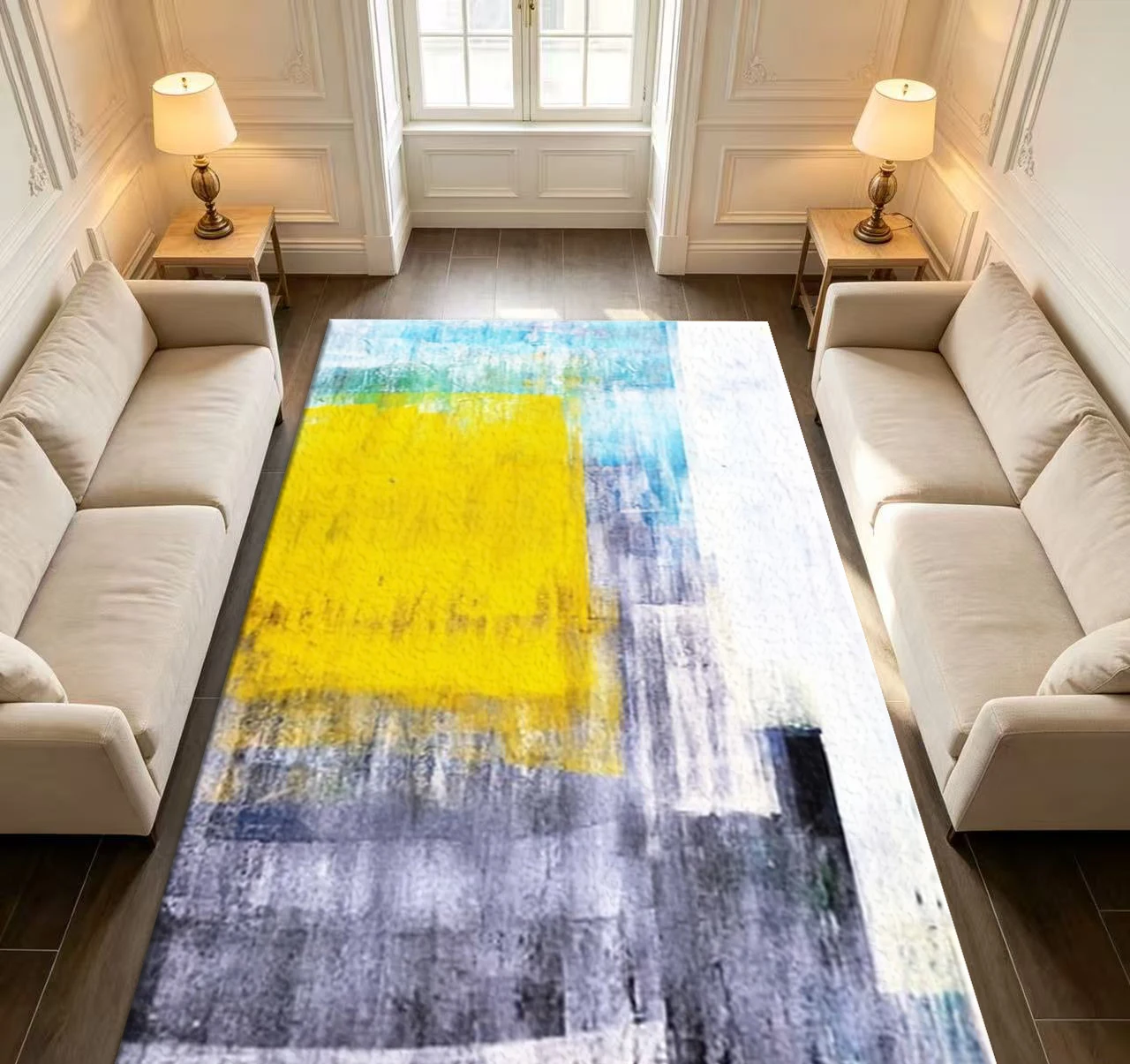 Yellow Blue Grey Abstract Oil Painting Area Rug Modern Brush Stroke Art Carpet for Living Room Bedroom Home Decor
