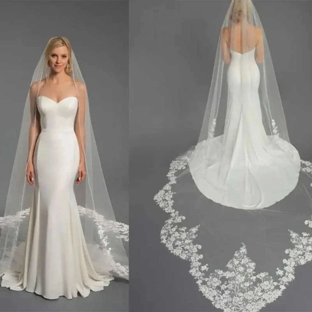 Voile de mariage cathédrale une couche, 4m de longueur x 3m de largeur, avec des Appliques en dentelle, accessoire de mariage pour femmes