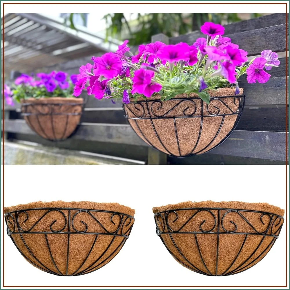 

2-Pack 14" Large Wall Planter Outdoor - Fence Hanging Flower Baskets with Coco Liner, Rail Planter for Balcony, Porch, Deck, Garden, Privacy Wall