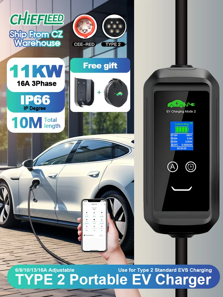Chiefleed Tragbares EV-Ladegerät Einstellbar 6/8/10/13/16A 11KW 3P Spannung 380-450V Typ 2 Lade-Wallbox Zeitverzögerung 1-15 Stunden Tuya App Elektrofahrzeug-Ladestation Gesamtlänge 10M Inklusive