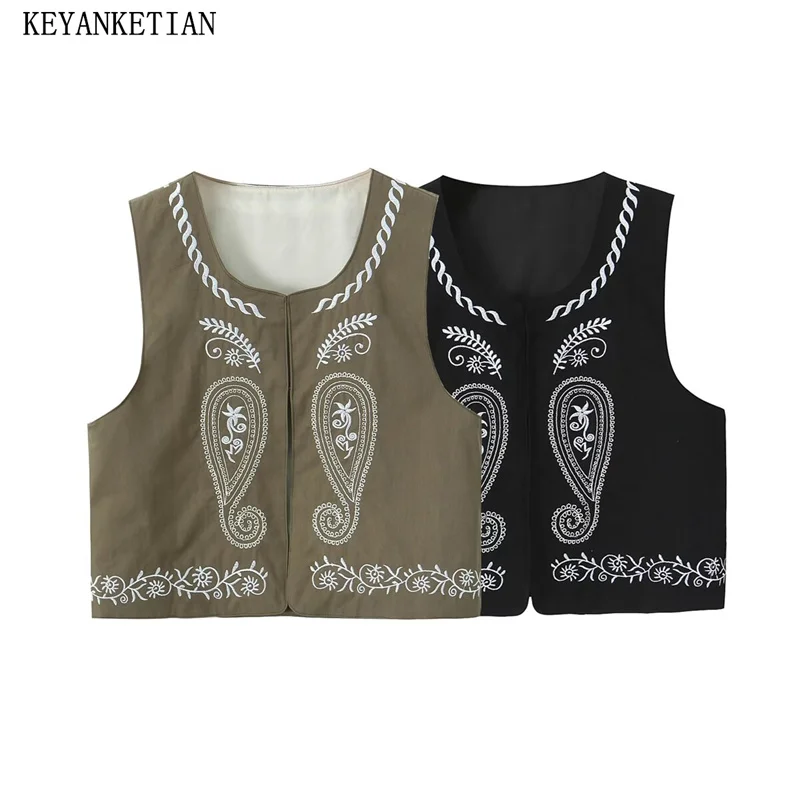 

KEYANKETIAN 2024 New Launch Ethnic style Paisley Embroidery Waistcoat Vest Women's Tencel cotton thin Short Coat Retro Crop Top