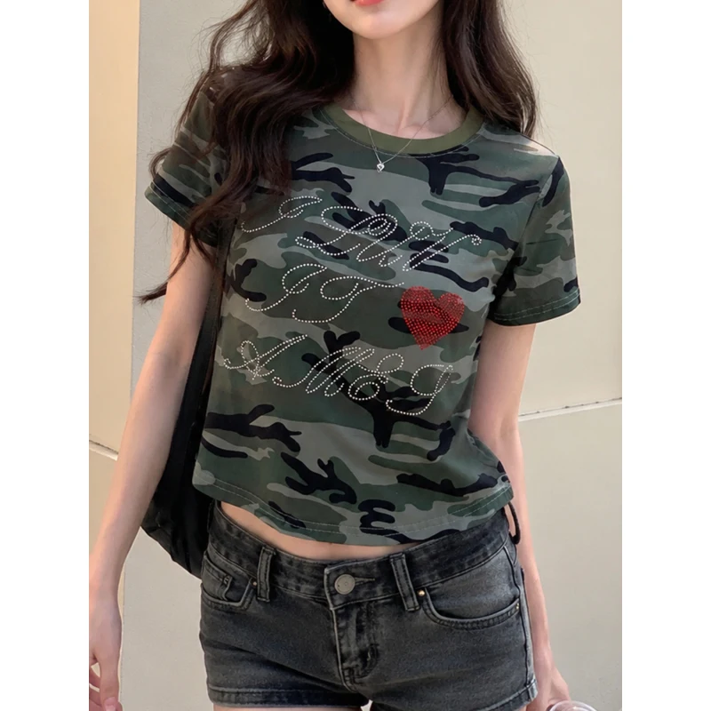New 2026 letter rhinestone round neck short sleeved T-shirt Y2K summer high street fashion top