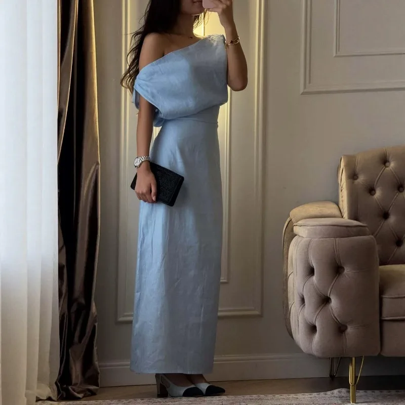 

FL Off-shoulder Linen Maxi Dresses Women's Slim Waist-cinching Hip-wrap Ankle-length Dress 2026 New Ladies Summer Solid Commute