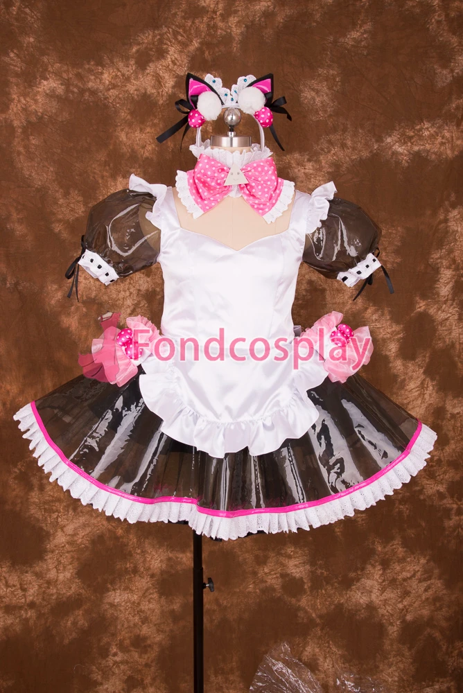 

fondcosplay adult sexy cross dressing sissy maid short Lockable Black Clear PVC Dress white apron Uniform CD/TV[T003]