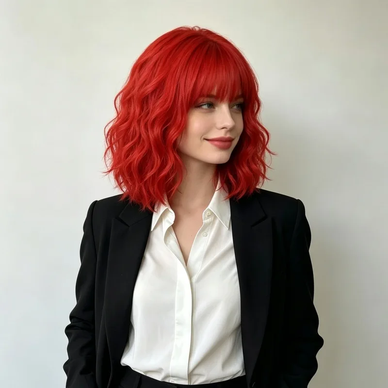 Red Air Bangs Short Curly Hair Wig for Women Fashion Party Cosplay Water Ripple High Temperature Silk Headgear Synthetic Wig