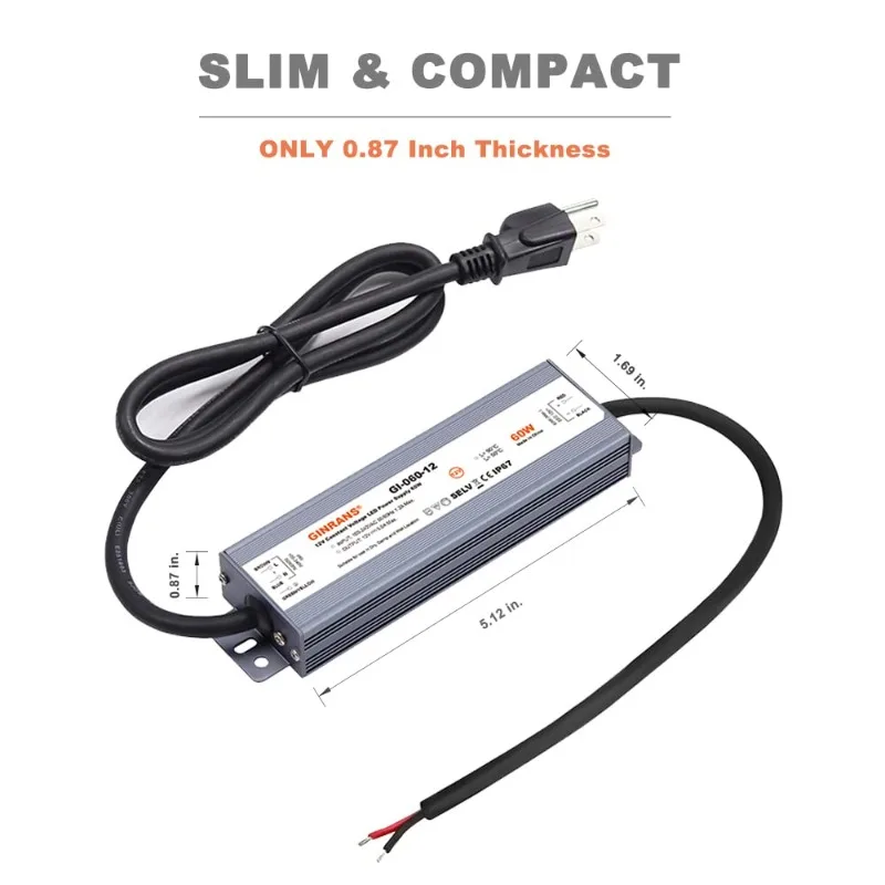 60W IP67 Waterproof Constant Voltage LED Driver Power Supply Transformer, 100-240V AC Universal Input with Plug, Output 12V DC 5