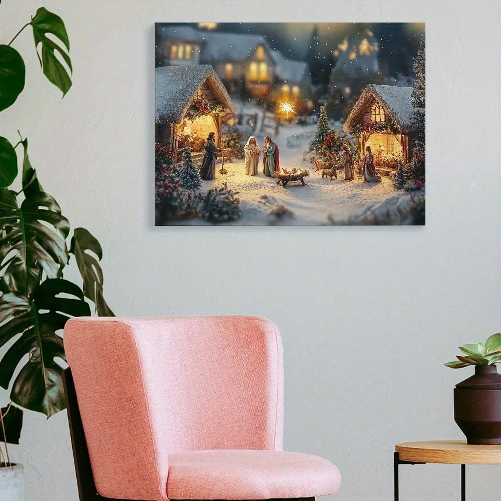 1PC Vintage Art Deco Poster Religiöse Weihnachtsszene Wandkunst Dekoration Wasserdichte Leinwand Geeignet für Zuhause Schlafzimmer Gerahmt