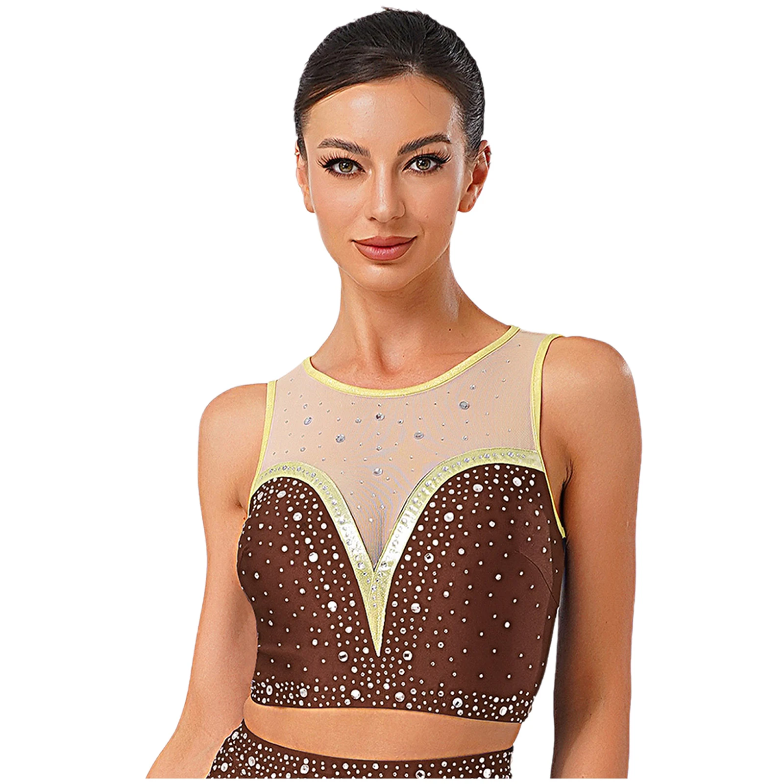 

Women Ballet Modern Dance Crop Tops Sparkly Rhinestones Sleeveless Vest Mesh Patchwork Back Hollow Out Gymnastic Dance Camisole