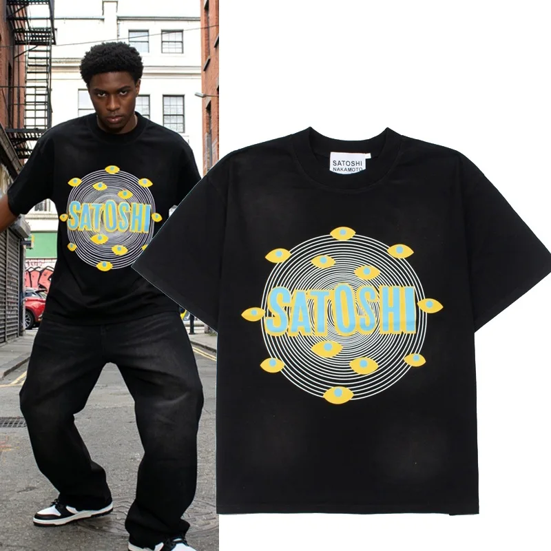 Satoshi Nakamoto American street hip-hop streetwear brand - Washed vintage print loose short-sleeved T-shirt