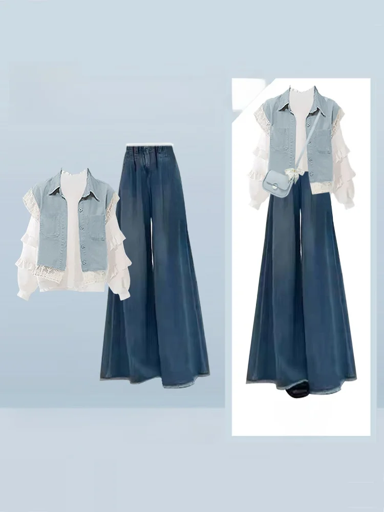 

Зимний антивозрастной женский повседневный джинсовый жилет и брюки большого размера, комплект из футболки, длинные брюки с высокой талией, груша, апей, подходит