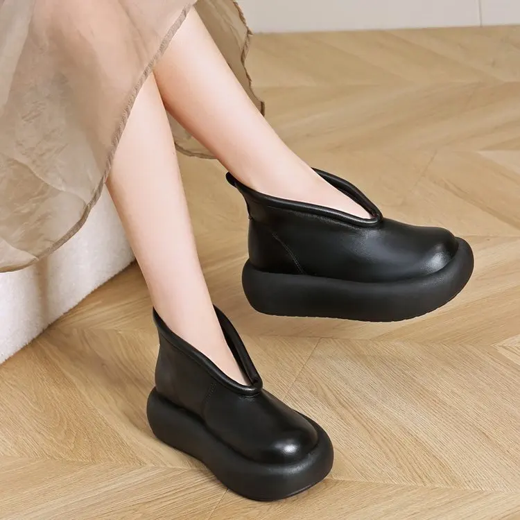 Women's Round-headed Solid Color Simple Thick-soled Short Boots 2026 Spring and Autumn New Retro Non-slip Comfortable Bare Boots