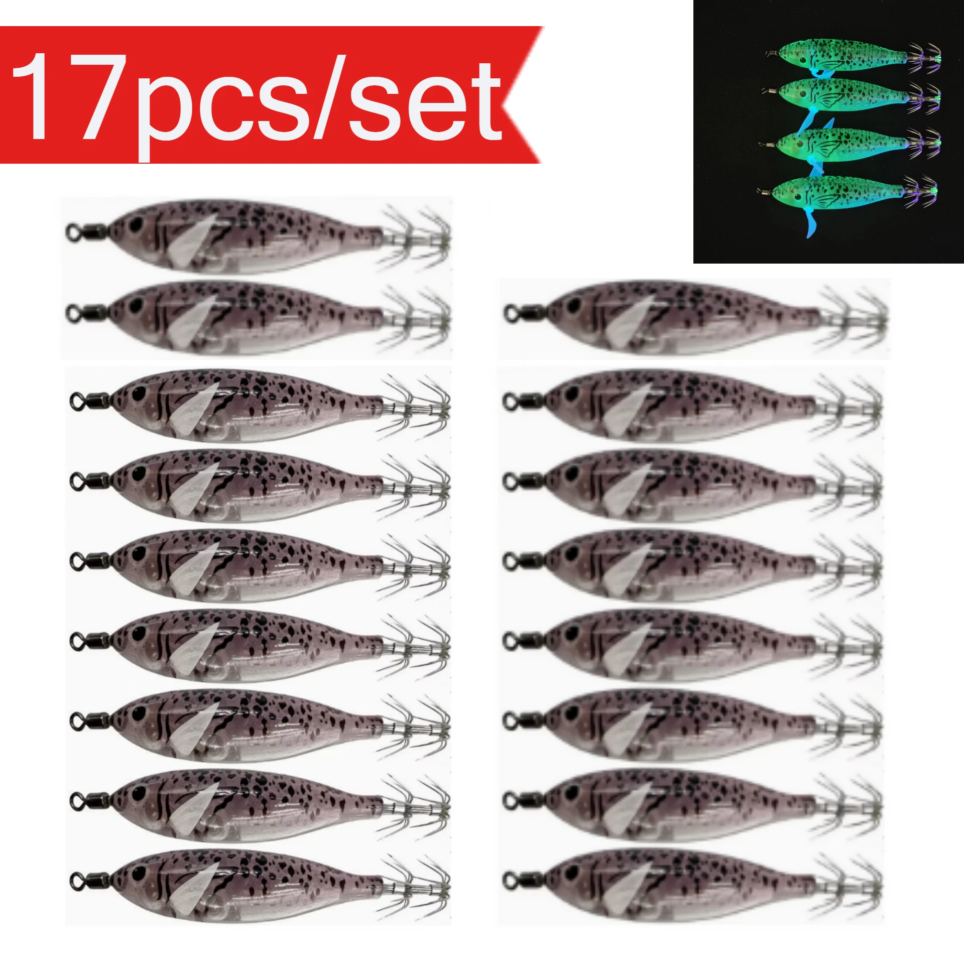 17 Stück/Set Leuchtender Tintenfisch-Jig 8cm/5,7g Garnelen-Angelköder Haken Meeresfischerei Oktopus-Köder Zubehör Künstlicher Köder