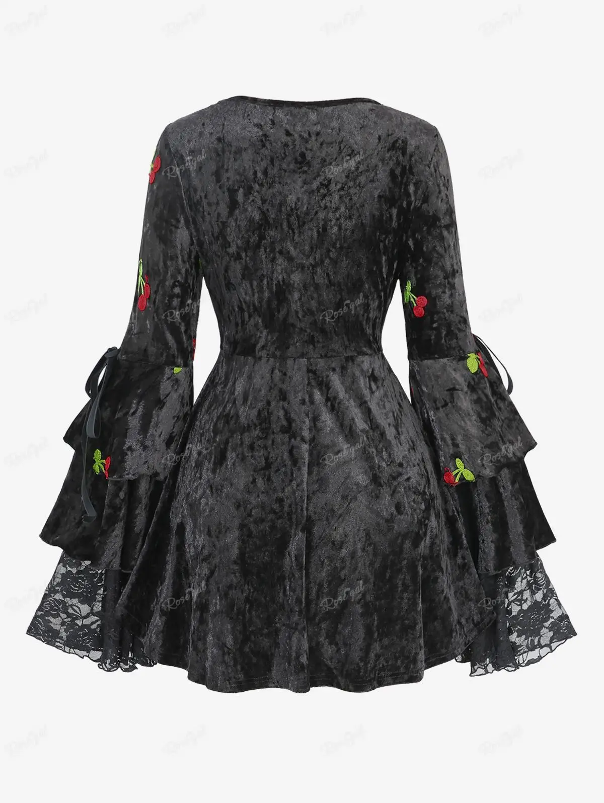 ROSEGAL Plus Size Women's Flare Sleeve T-shirt Cherry Embroidery Grommet Lace-Up Black Lace Drawstring Tops Autumn Winter Blouse