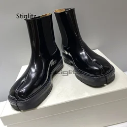 Split Toe Tabi Ankle Boots Men's High Top Leather Cowhide Chelsea Boots Spring Autumn Shoes Black Elastic Boots Single Boots