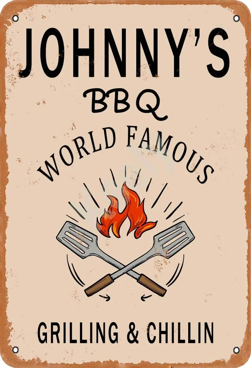 Keely Johnny's BBQ World Famous Grilling & Chillin Metal Vintage Tin Sign Wall Decoration 12x8 inches for Coffee Bars