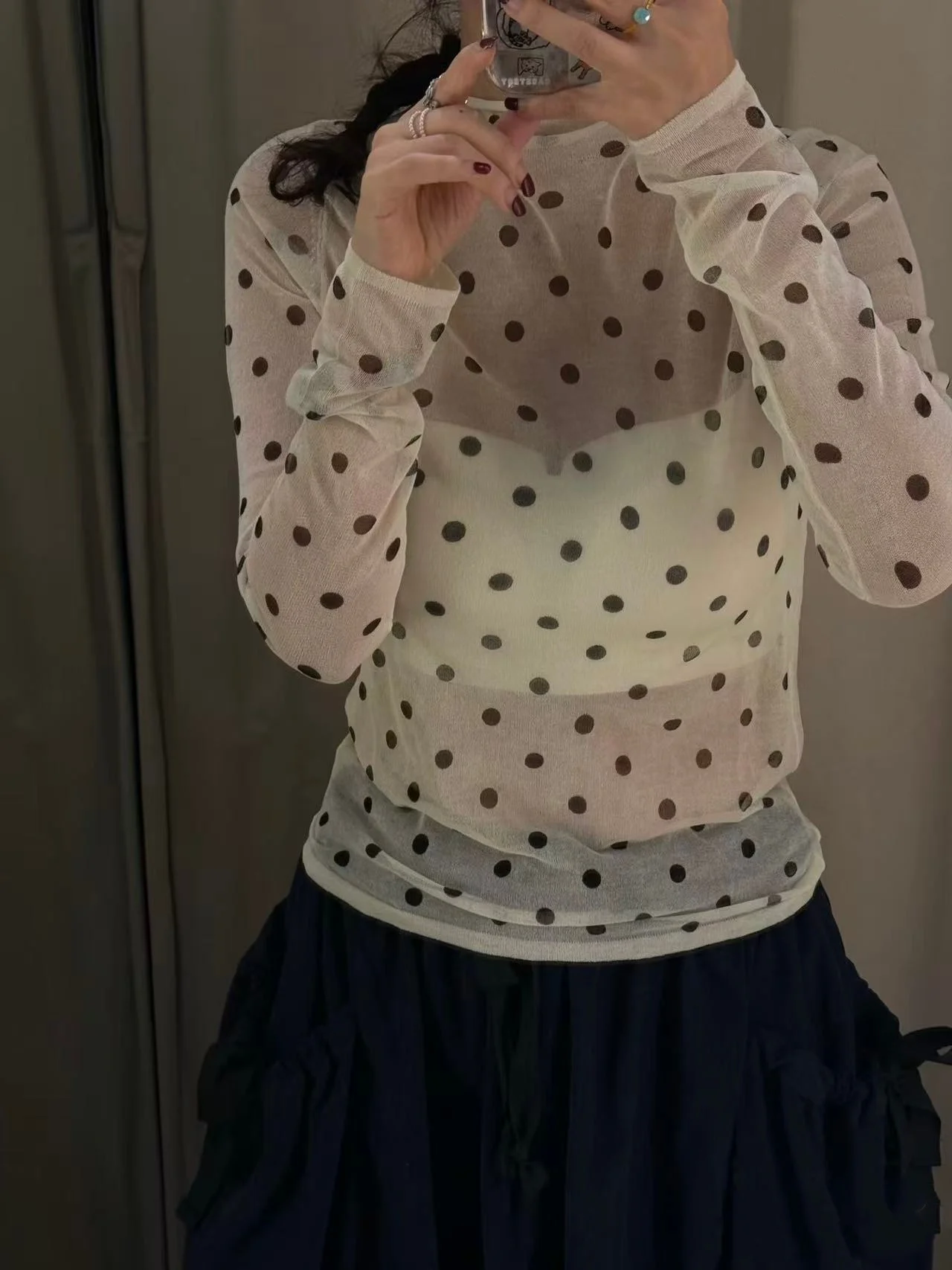 

Sweet Faionable Knitted Long Sve Stand Collar f Transparent Heart Print Top for Women Spring 2026 Polyester Fiber