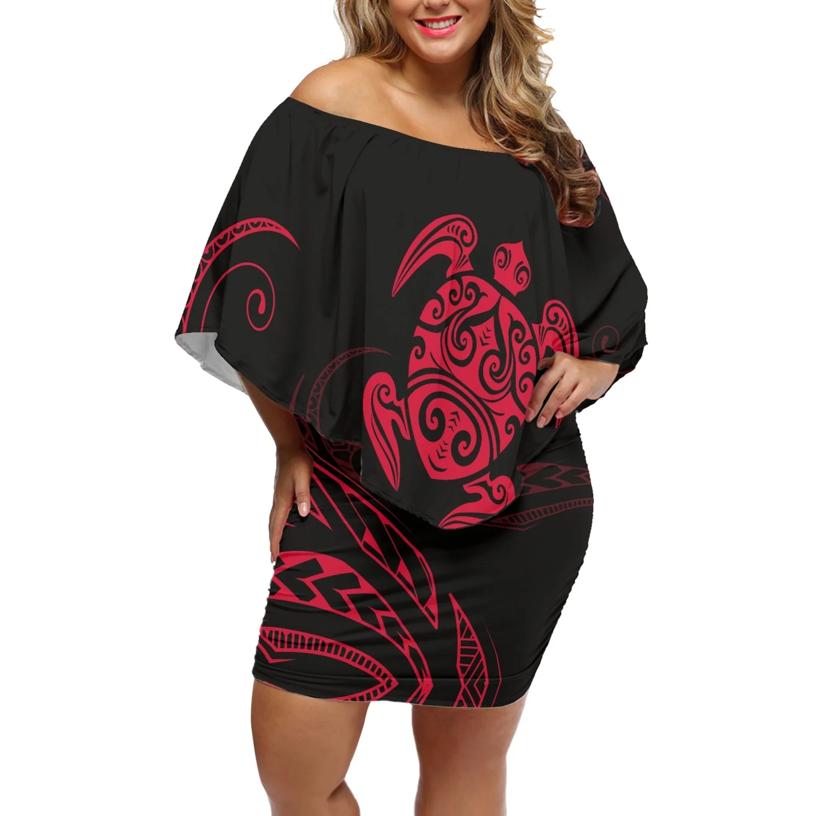 Polynesia Tribe Summer 2023 Women's Banqueting Skirts Turtle Print Elegant Women Dress Off Shoulder Bat Sleeves Buttocks Skirt