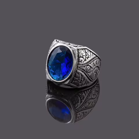 Wholesale Retro Party Jewelry Hot-Selling Cross-Border Turkish Style Oval Sapphire Ring for Men Silver Plated