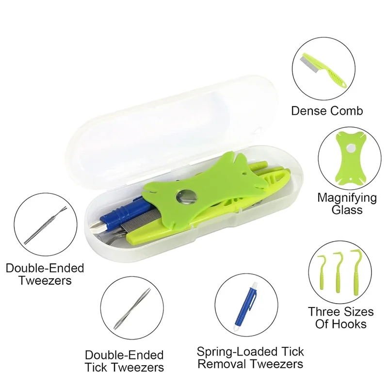 A74E-Tick Removal Tool 8PCS Kit With Storage Box, Tick Tweezers, Comb, Magnifying Glass, Dog Tick Remover