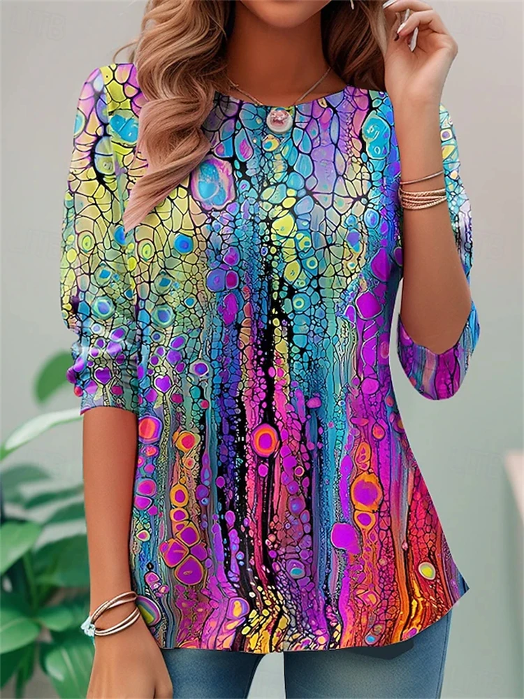 Women's Long-sleeved Retro Botanical Print T-shirt for Autumn Artistic Style Simple and Fashionable Street Style Loose Fit Top