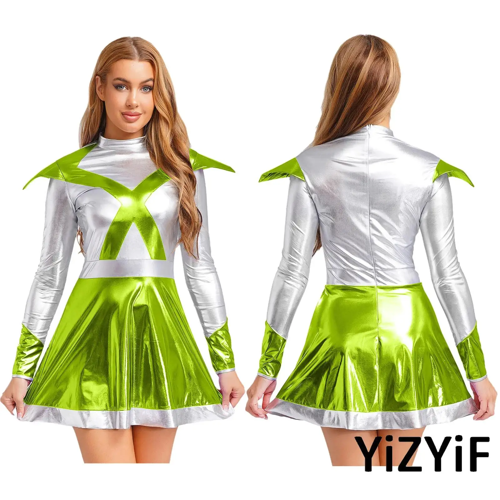 

Halloween Women Astronaut Cosplay Dress Metallic Shiny A-line Dress Alien Flap Contrast Color Space Dress for Cosplay Masquerade