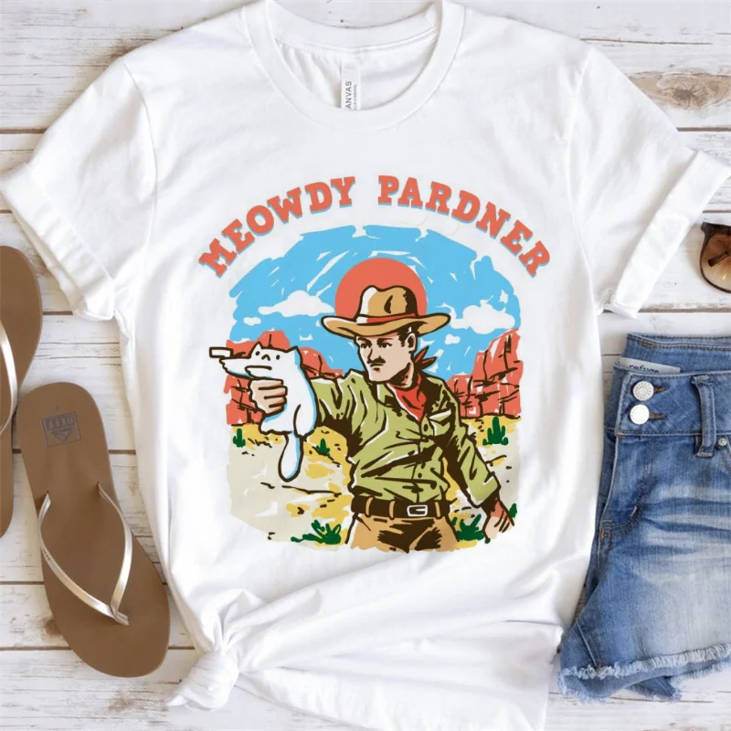 Camiseta informal holgada de manga corta con estampado de dibujos animados, Top básico con cuello redondo, ropa de moda con patrón de vaquero y gato