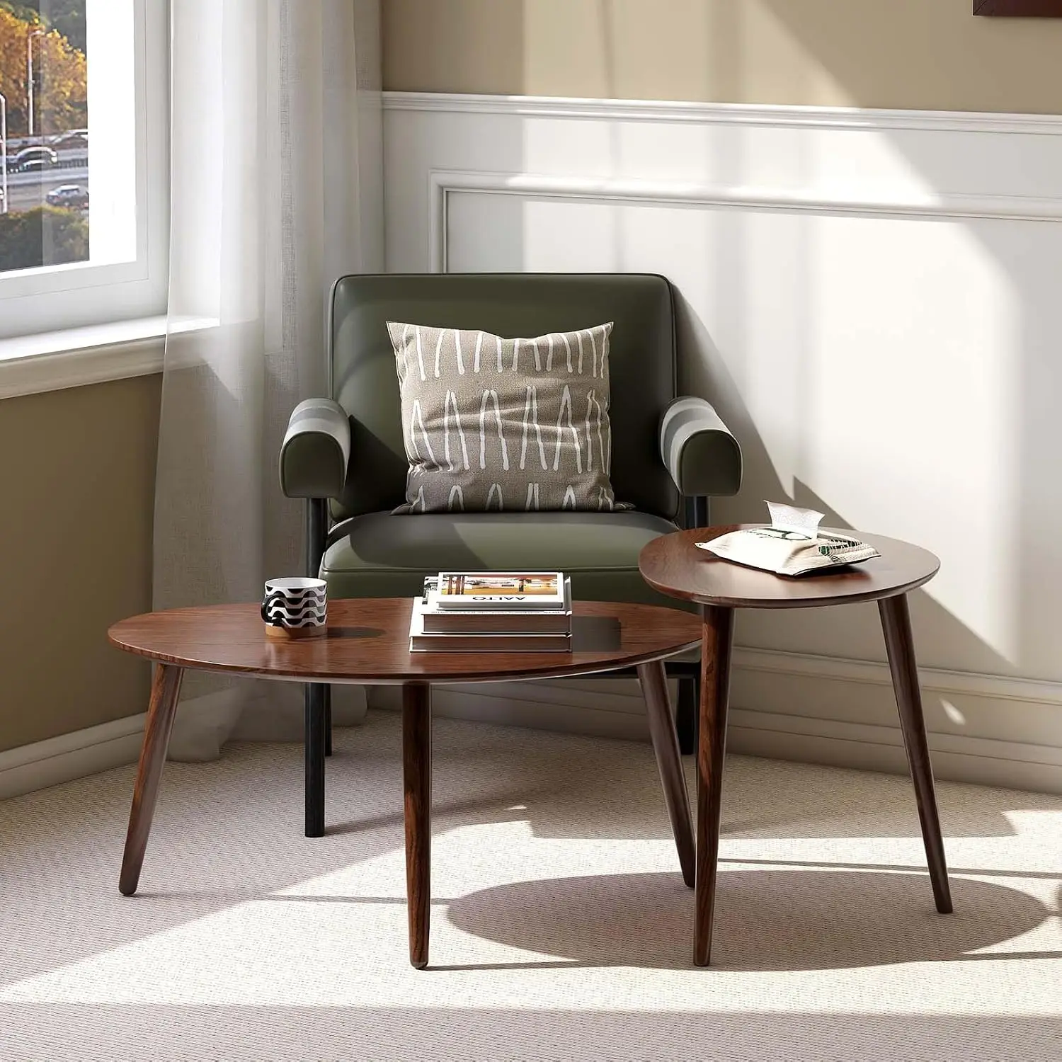 Solid Oak Nesting Coffee Table Set Mid Century Modern Oval & Round Pebble Side Table Living Room Balcony Walnut, Customized