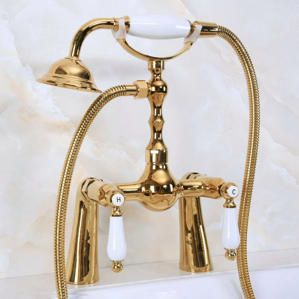 

Luxury Golden Brass Double Handle Deck Mounted Bathroom Bath Tub Faucet Set with 150CM Hand Held Shower Spray Mixer Tap 2na136