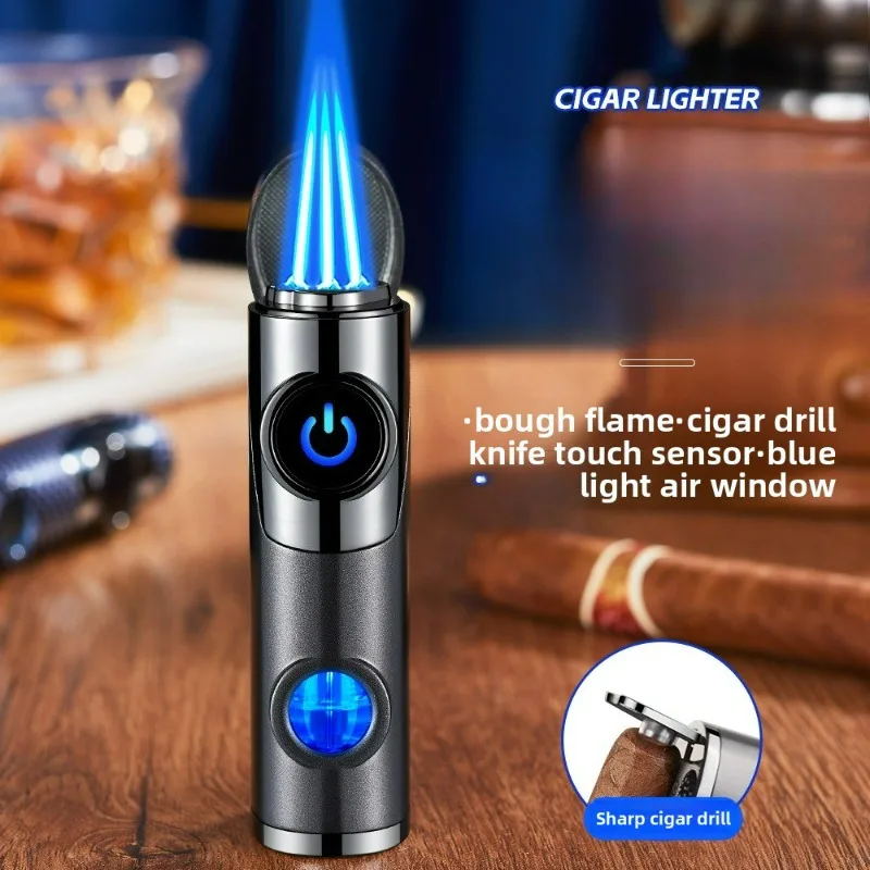 Encendedor de antorcha de Gas butano de llama azul a prueba de viento de tres chorros, encendedores eléctricos de cigarros portátiles para ventana de luz azul de Gas Visible para exteriores