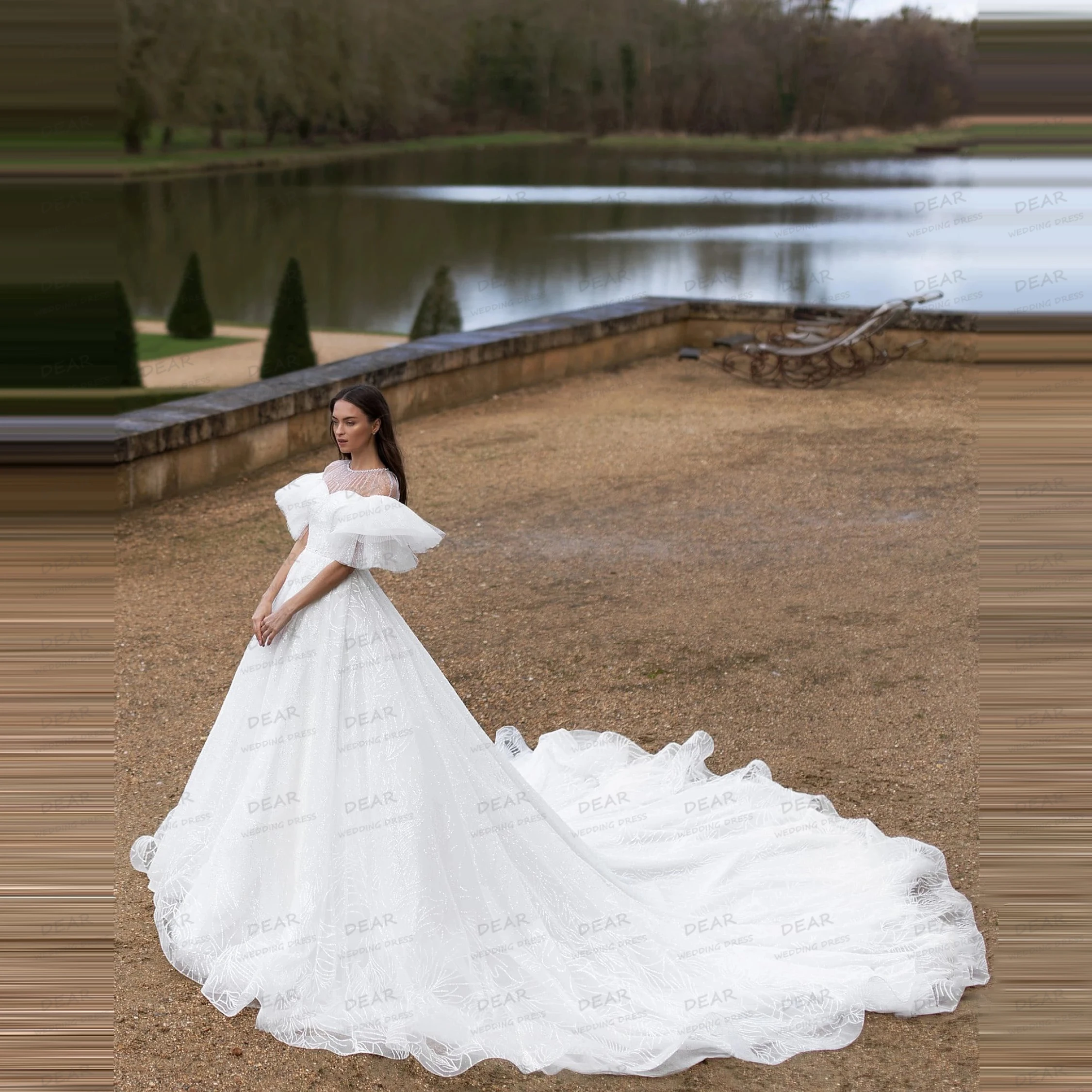 

Изысканные свадебные платья трапециевидной формы, женские блестящие аппликации, бальные платья без рукавов для невесты, Vestidos De Novia, со шлейфом по индивидуальному заказу