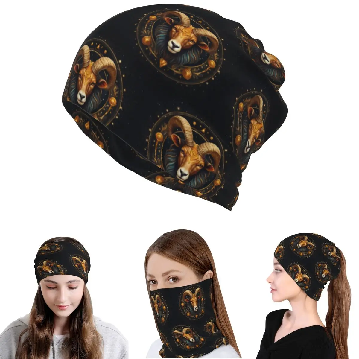 Aries Zodiac Celestial Goat And Ram Horns Bandana Halstuch, Mehrzweck-Gesichtsmaske, Mütze für Männer und Frauen, Winter