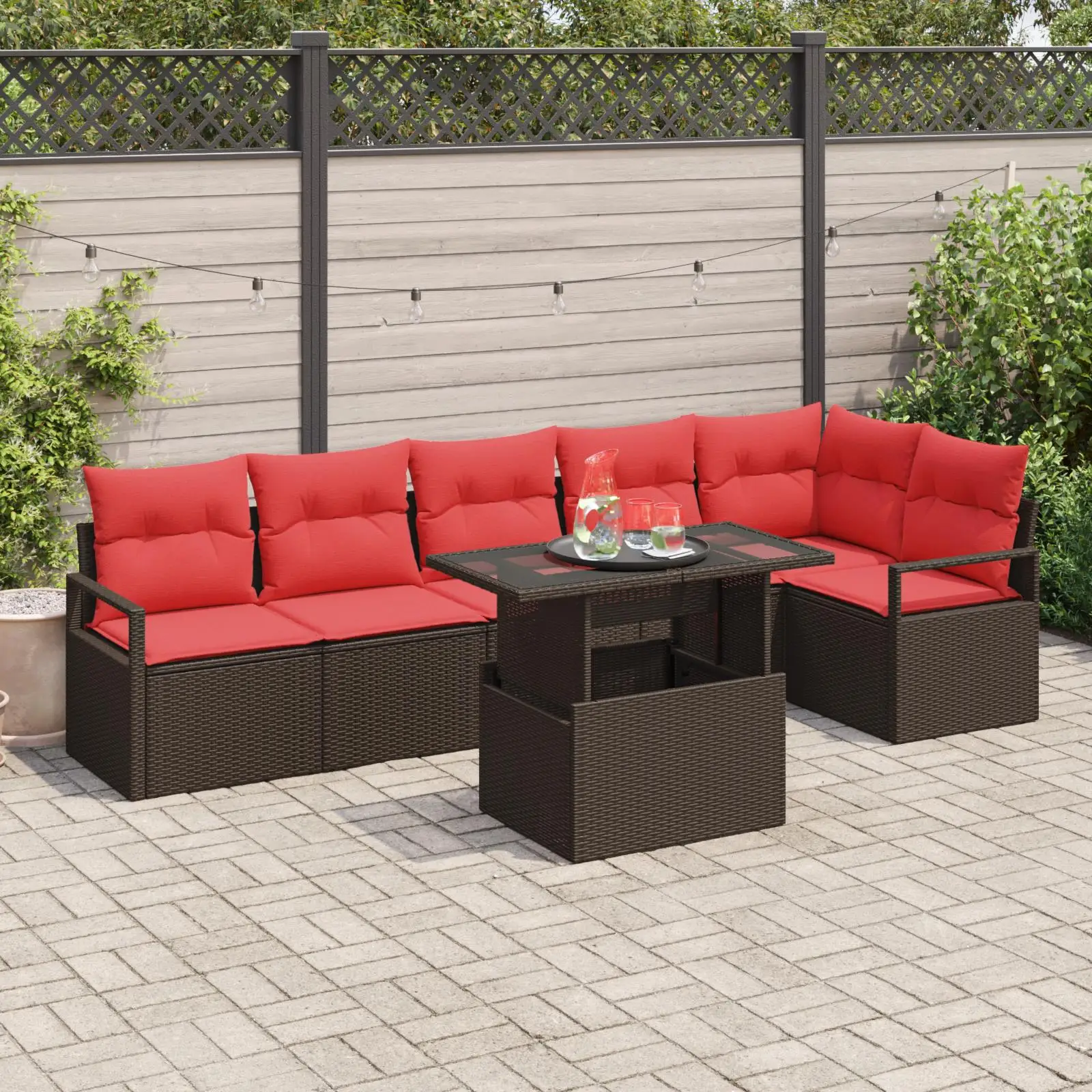 

Garden Sofa Set 7 Pieces with Cushions Brown Rattan Outdoor Furniture Conversation Set