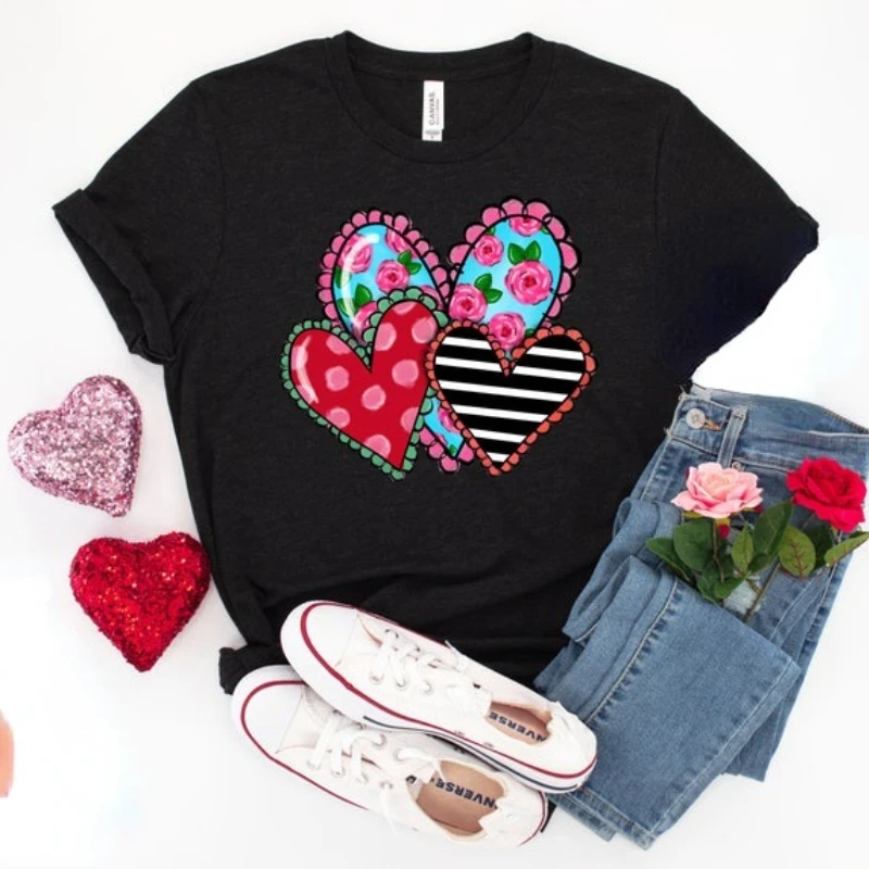 

Vintage Valentines Day Shirt Gift, floral heart love valentine's day, Cute Heart T-shirt, for her Casual 100% cotton t shirt.