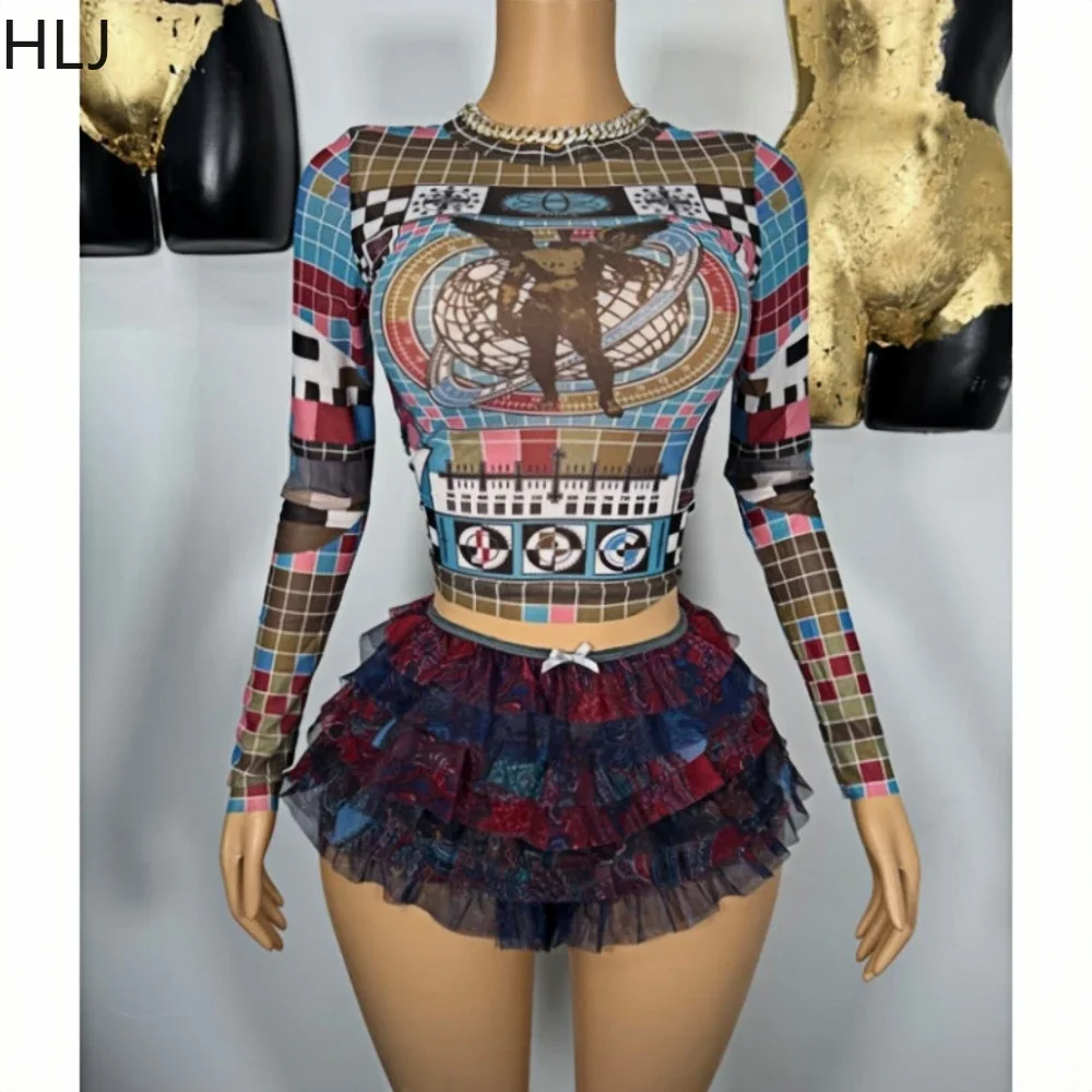 HLJ Y2K Fashion Trend Multicolour Two Piece Sets Women Round Neck Mesh Long Sleeve Crop Top And Ruffle Lace Mini Skirts Outfits