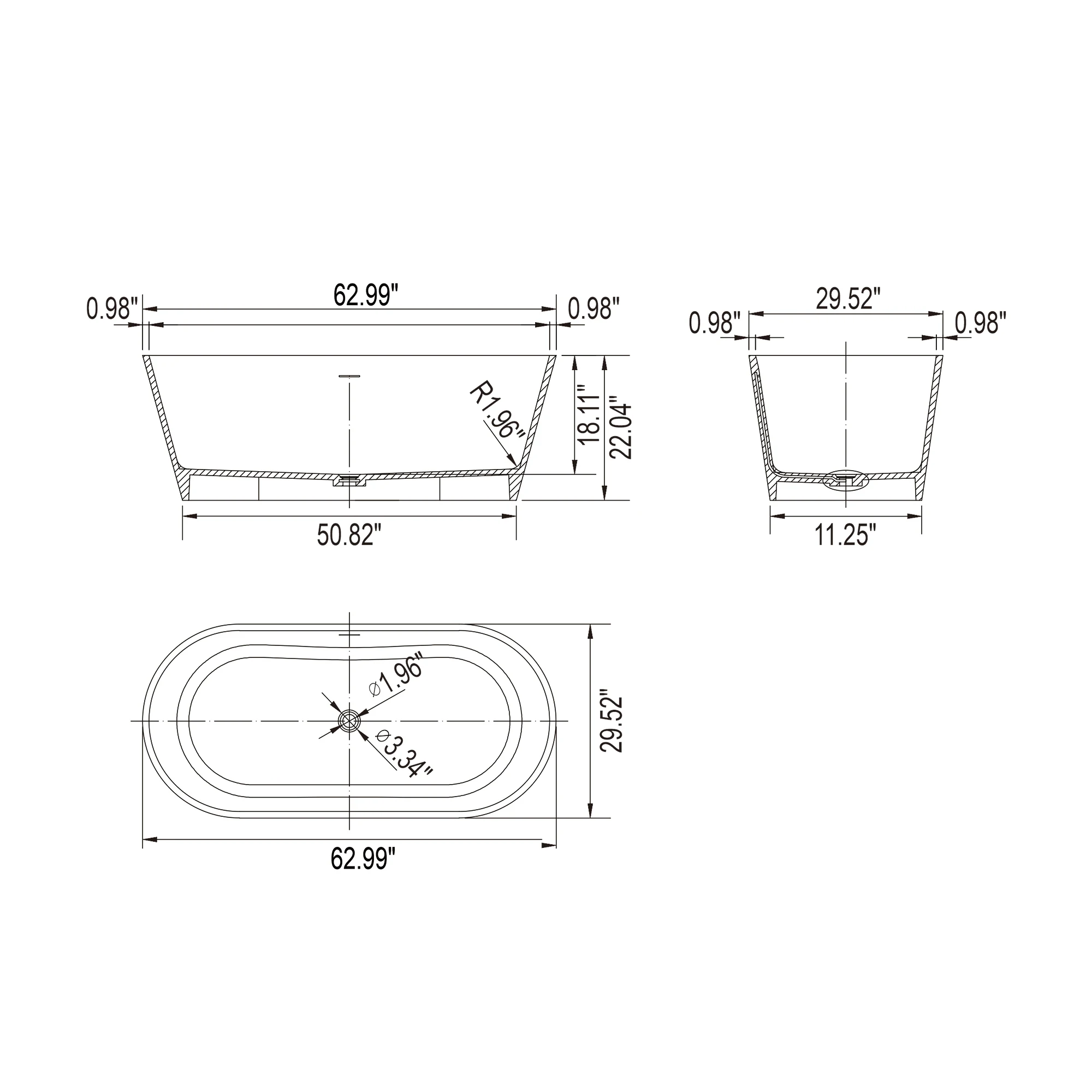 Baignoire autoportante à surface solide, baignoire de trempage pour salle de bain, 63 po