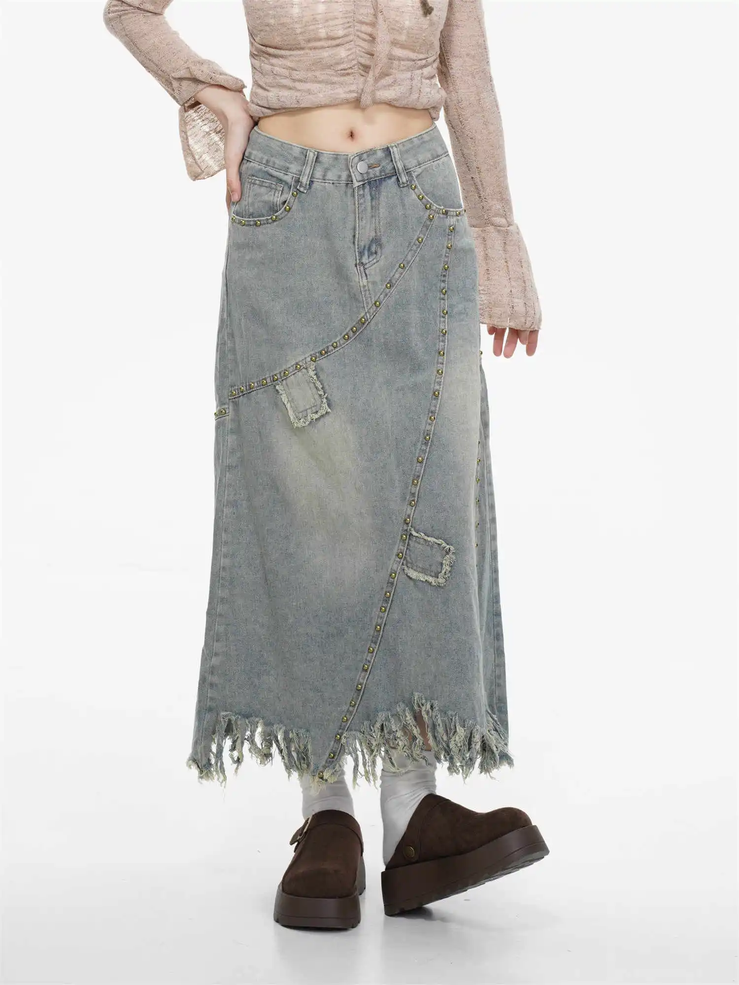 

Осень-зима 202, женская корейская модная джинсовая юбка миди с кисточками, эстетичная юбка 2000-х годов Y2k в консервативном стиле, дизайн Shoujo, новый трапециевидный гранж