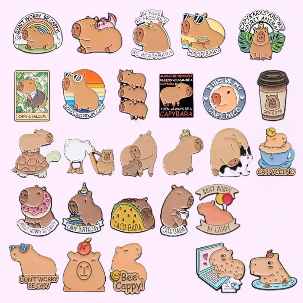 Cartoon Capybara Family Enamel Pin Cute Hippopotamus Animal Metal Brooch Clothes Lapel Badge Decoration Jewelry Gift Wholesale