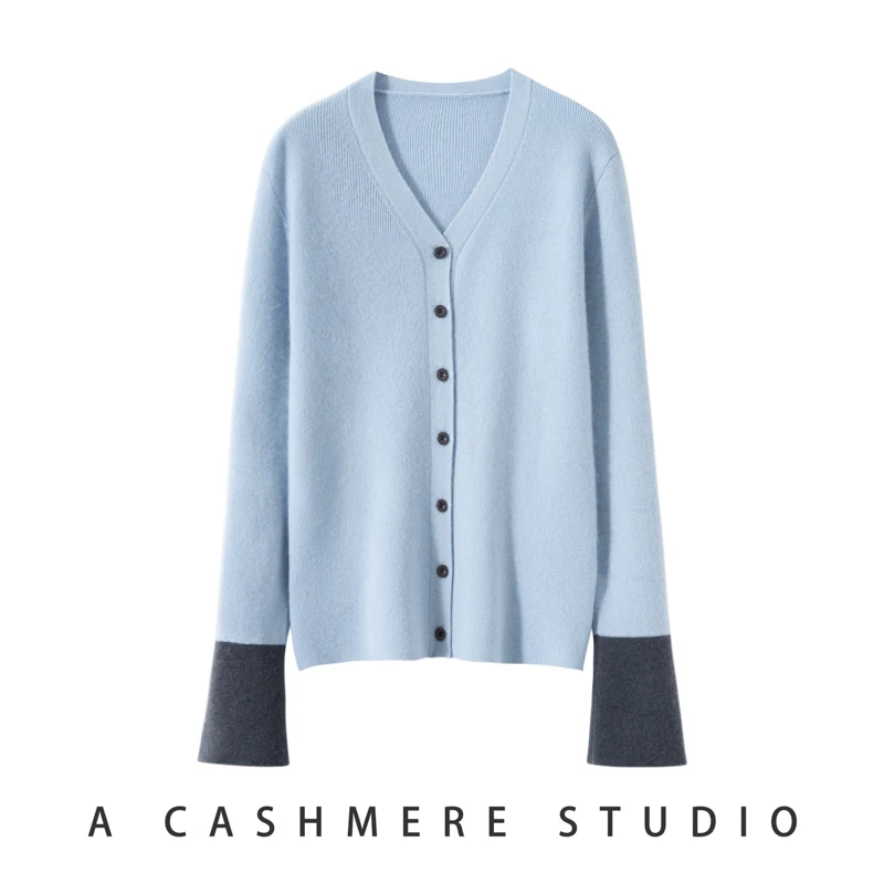 

Весенне-осенний женский кардиган из мериноса и кашемира с длинными рукавами и v-образным вырезом, двухцветный свитер с рукавами, мягкий свободный топ высокого качества