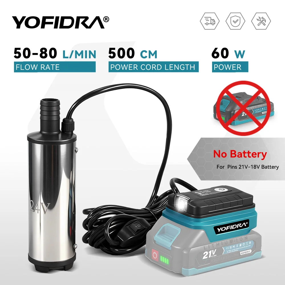 

YOFIDRA 50-80L/min Electric Water Pump 60W Cordless Submersible Drainage Pump Wastewater Treatment Tool For Makita Battery Pin