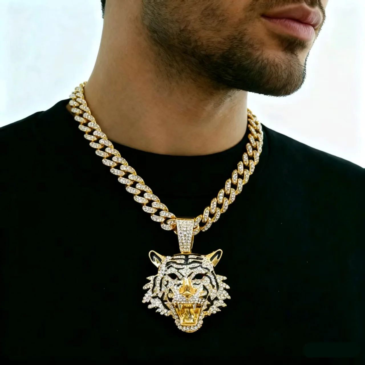 DIY accessories European and American hip-hop jewelry, exaggerated tiger head pendant necklace, men's cool nightclub dancing acc