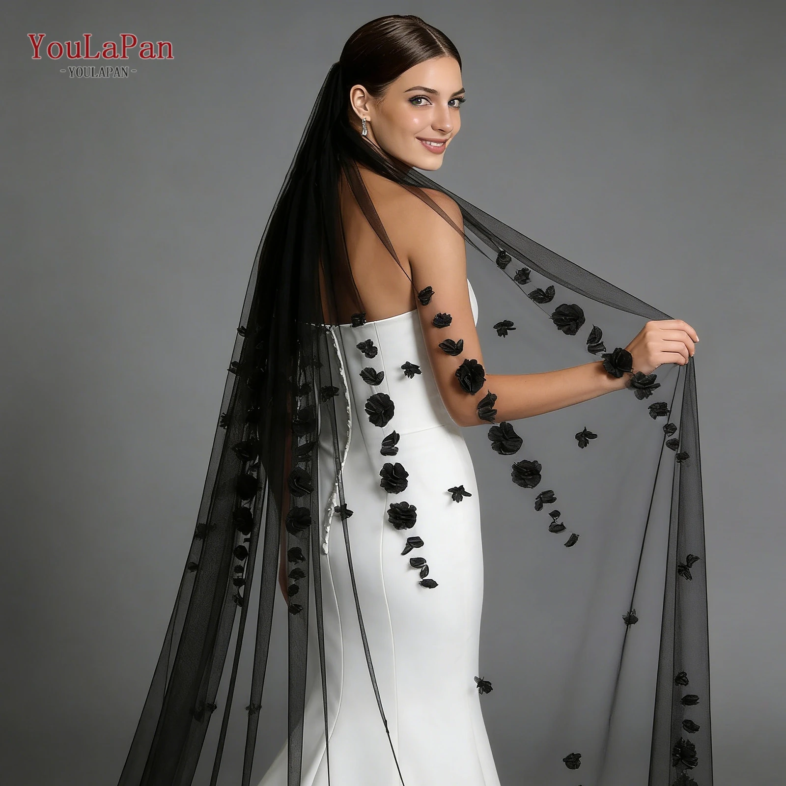 

Свадебные аксессуары TOPQUEEN: Черные 3D-цветы, готические вуали для фотосессий, настраиваемые, V251