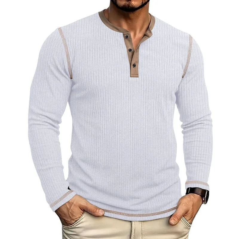 Autumn Winter Men's Henry Collar Long Sleeve Tshirt American Style Patchwork Business Casual Tees Tops Man Daily Pull On T Shirt