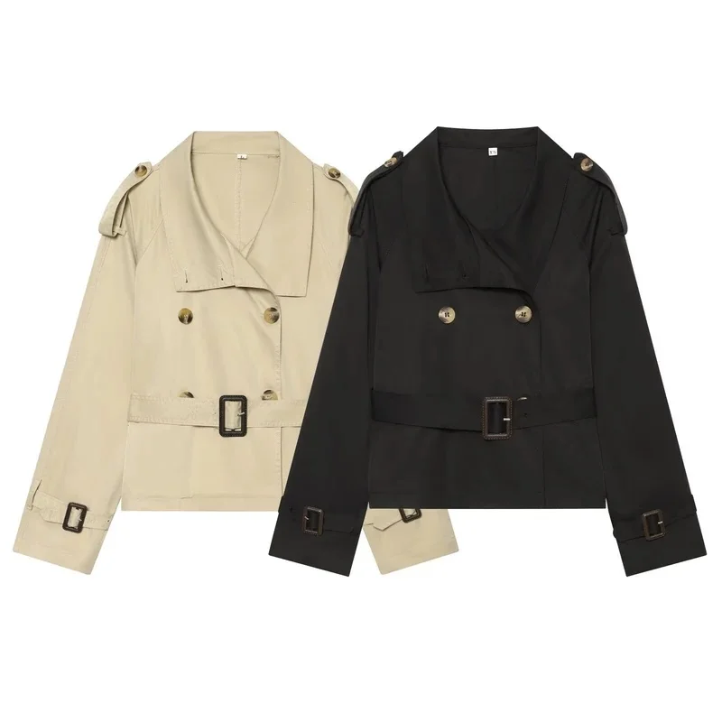 European and American style women's clothing new fashion solid color long sleeved with waist buckle short windbreaker