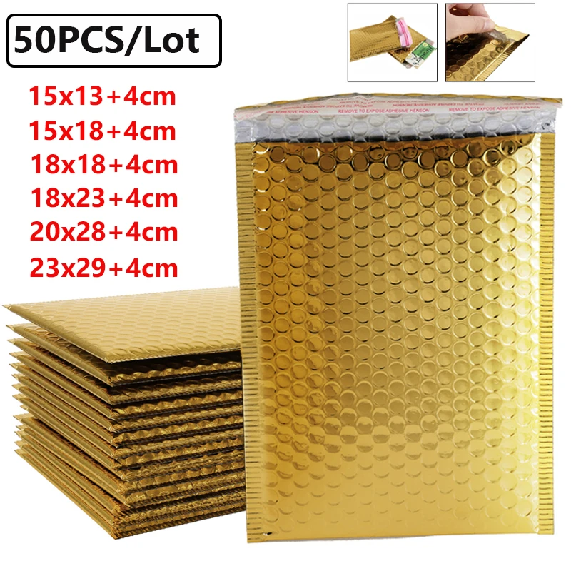 알루미늄 호일 골드 버블 봉투, 패딩 우편물, 폴리 우편물, 포장 자체 밀봉 배송 가방 패딩, 50 개