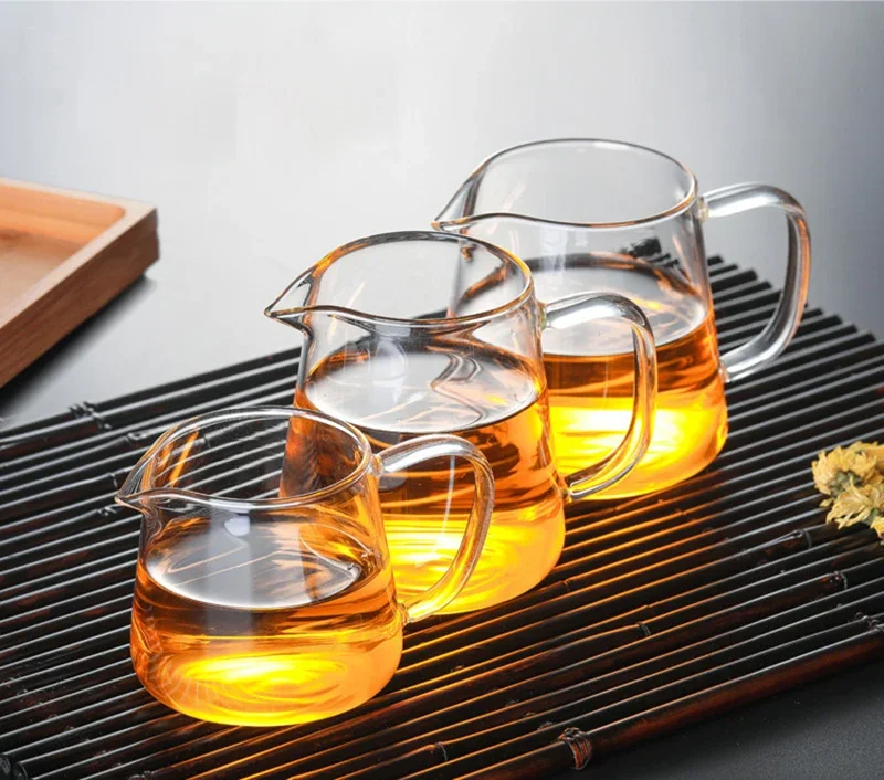 Heat-Resisting Clear Glass Tea Pot Fair Cup Cha Hai, Handmade Kung Fu Tea Cups Teaset Gongdao Points of Tea Ware with Handle