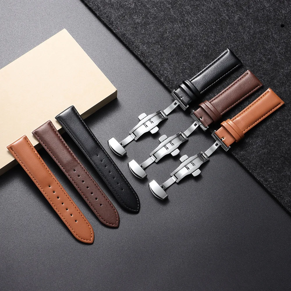 

High Quality Soft PU Leather Watch Band for 16mm 18mm 20mm 22mm Watch Strap with Stainless Steel Folding Butterfly Buckle Band
