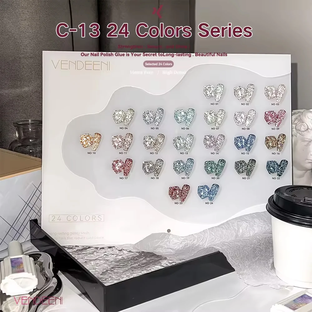 Vendeeni TPO HEMA FREE 24 Farben/Set Glitzer-Broken-Diamond-Gel-Nagellack Semi-Permanenter UV-Soak-Off-Gel-Lack mit Display – Detail 12