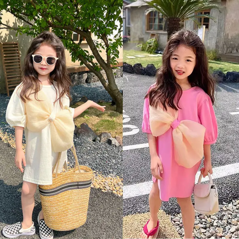 2024 Summer New Girls\' Dress Big Bow Dress maglione t-shirt Dress Casual Baby Kids Clothes abbigliamento personalizzato per bambini