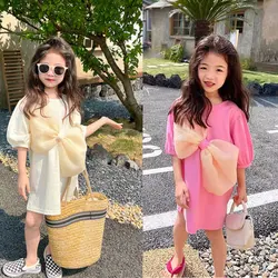 2024 Summer New Girls' Dress Big Bow Dress Sweater T-shirt Dress Casual Baby Kids Clothes Personalized Children's Clothing